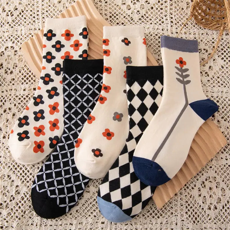 Cotton Flower Plaid Socks for Female Literary Fans