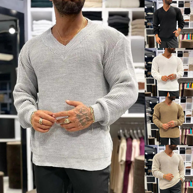 Men's Solid Color V-Neck Long-Sleeved Sweater