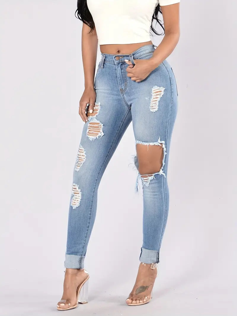 Ripped High Waist Skinny Jeans with Slash Pockets