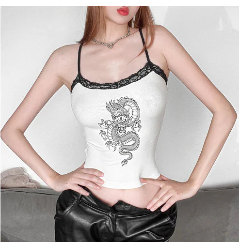 Embroidered Dragon Strap Backpack Vest Top