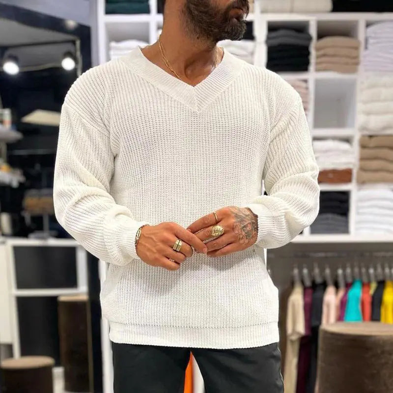 Men's Solid Color V-Neck Long-Sleeved Sweater