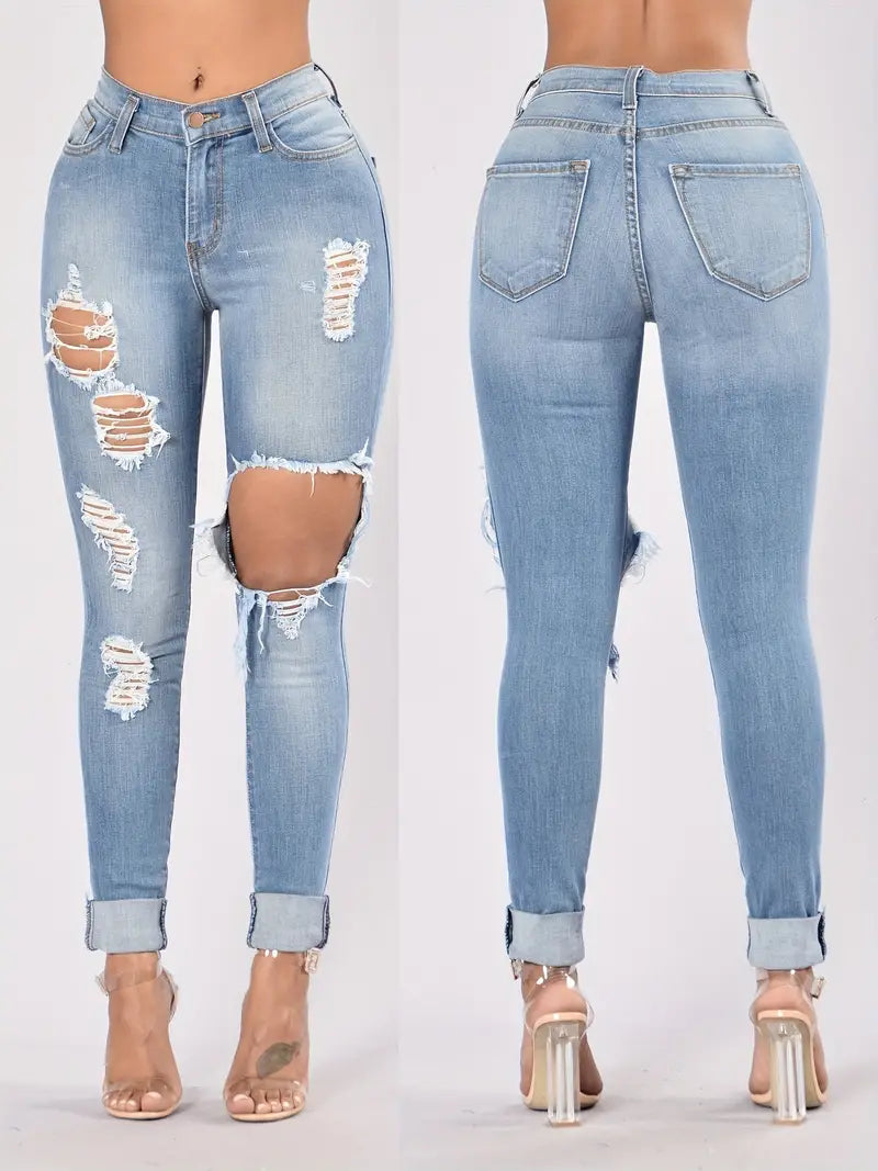 Ripped High Waist Skinny Jeans with Slash Pockets