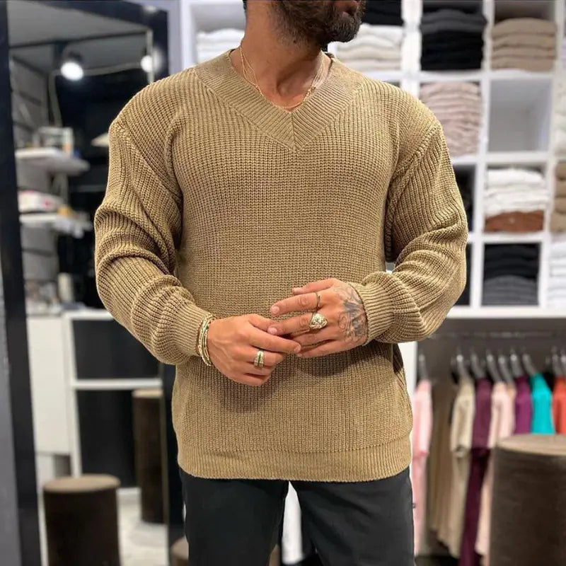 Men's Solid Color V-Neck Long-Sleeved Sweater
