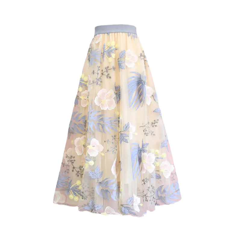 Mesh Floral High Waisted Elastic Skirt