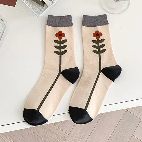 Cotton Flower Plaid Socks for Female Literary Fans