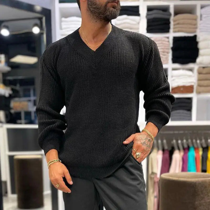 Men's Solid Color V-Neck Long-Sleeved Sweater