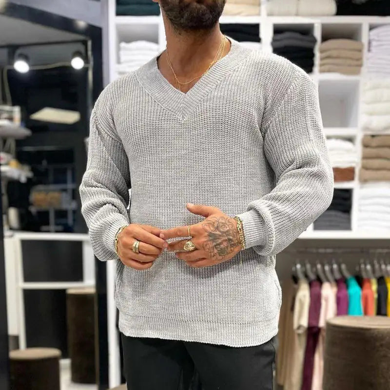 Men's Solid Color V-Neck Long-Sleeved Sweater