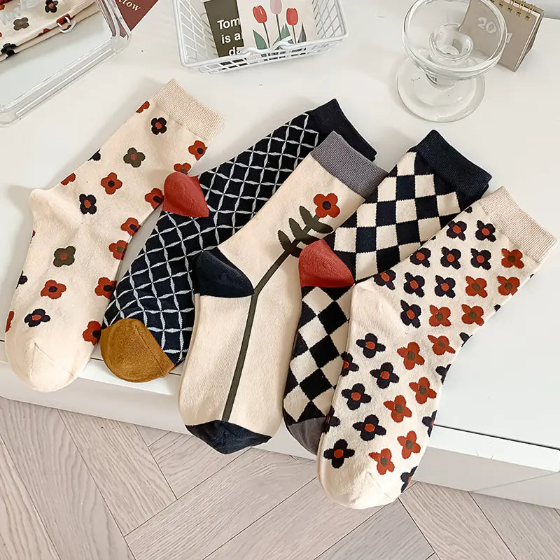 Cotton Flower Plaid Socks for Female Literary Fans