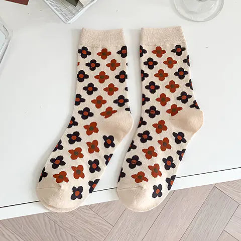 Cotton Flower Plaid Socks for Female Literary Fans