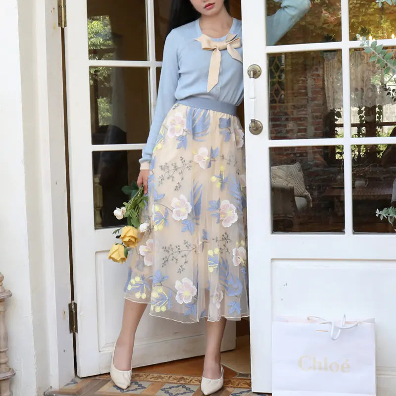 Mesh Floral High Waisted Elastic Skirt