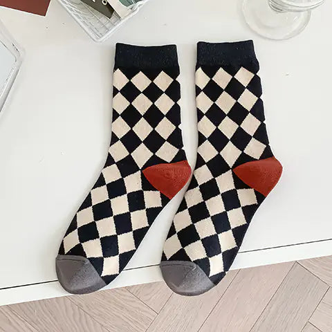 Cotton Flower Plaid Socks for Female Literary Fans