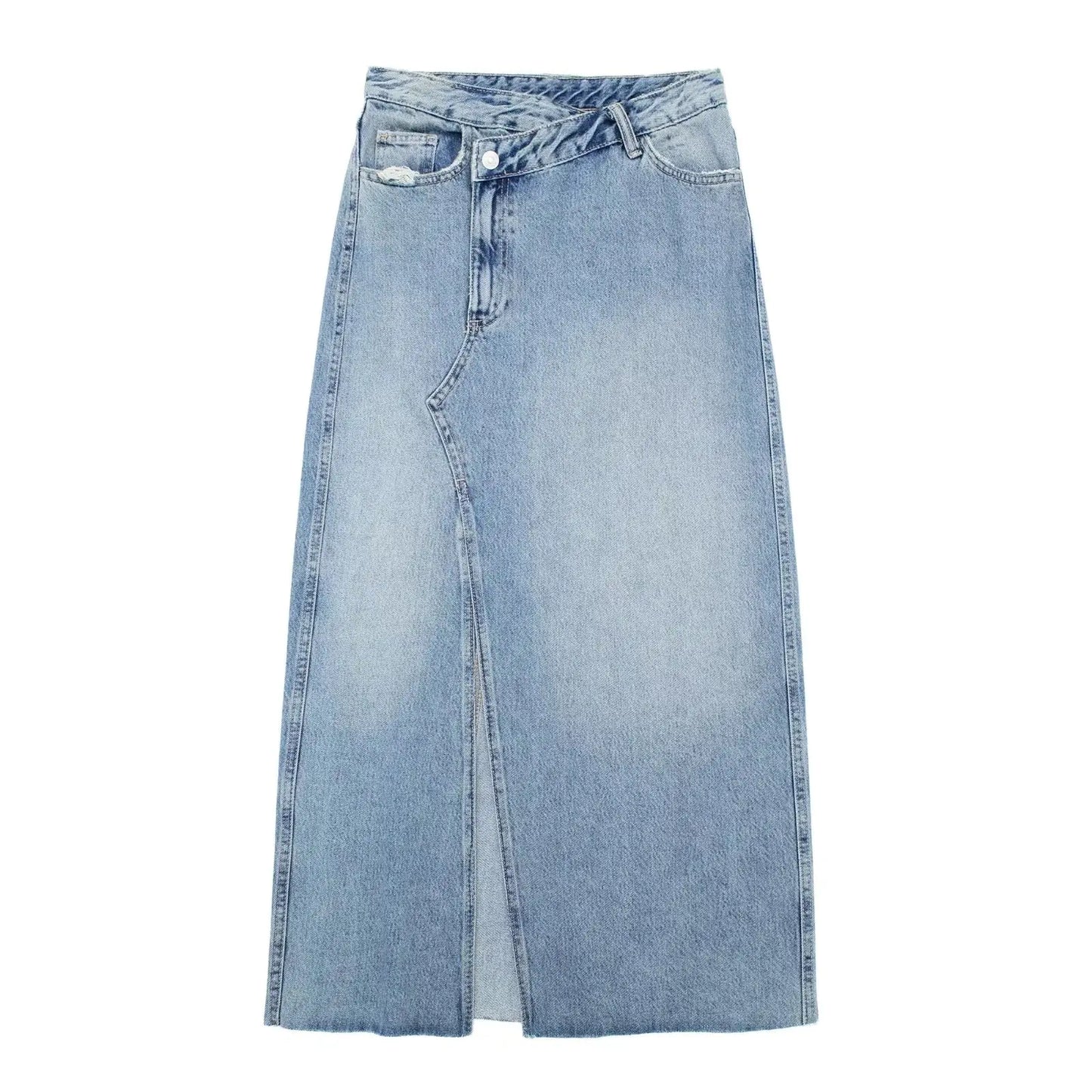 Diagonal Patchwork Mid Rise Denim Skirt