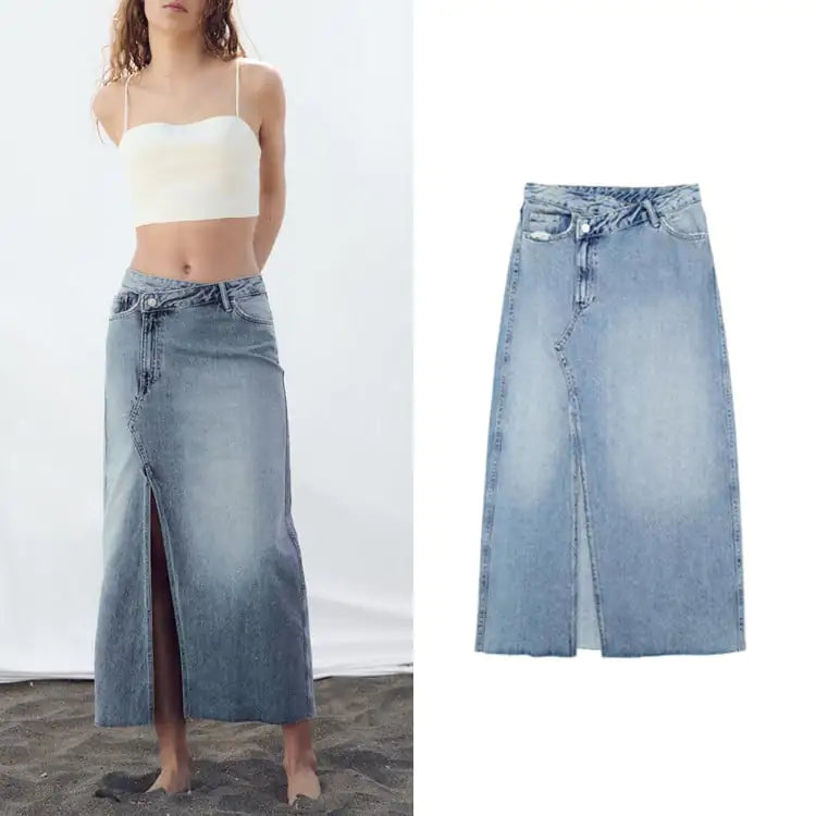 Diagonal Patchwork Mid Rise Denim Skirt