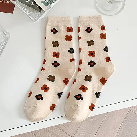 Cotton Flower Plaid Socks for Female Literary Fans